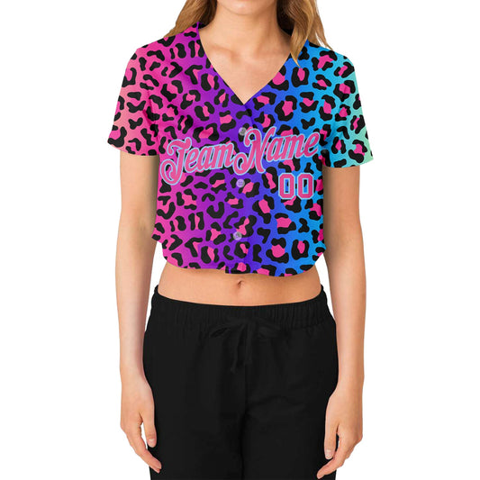 Custom Women's Purple Pink-Light Blue Leopard 3D V-Neck Cropped Baseball Jersey - Sky-Custom