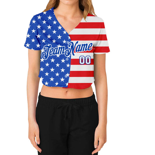 Custom Women's Royal White-Red American Flag Fashion 3D V-Neck Cropped Baseball Jersey - Sky-Custom