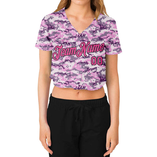 Custom Women's Camo Pink-Black Salute To Service V-Neck Cropped Baseball Jersey - Sky-Custom