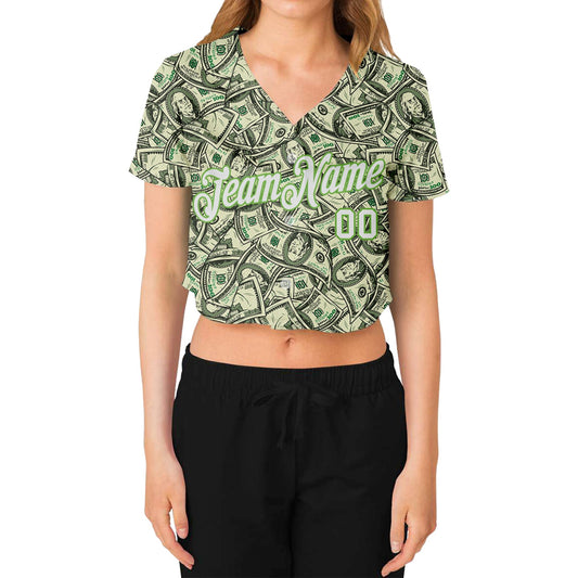 Custom Women's Green White-Neon Green Dollar 3D V-Neck Cropped Baseball Jersey - Sky-Custom