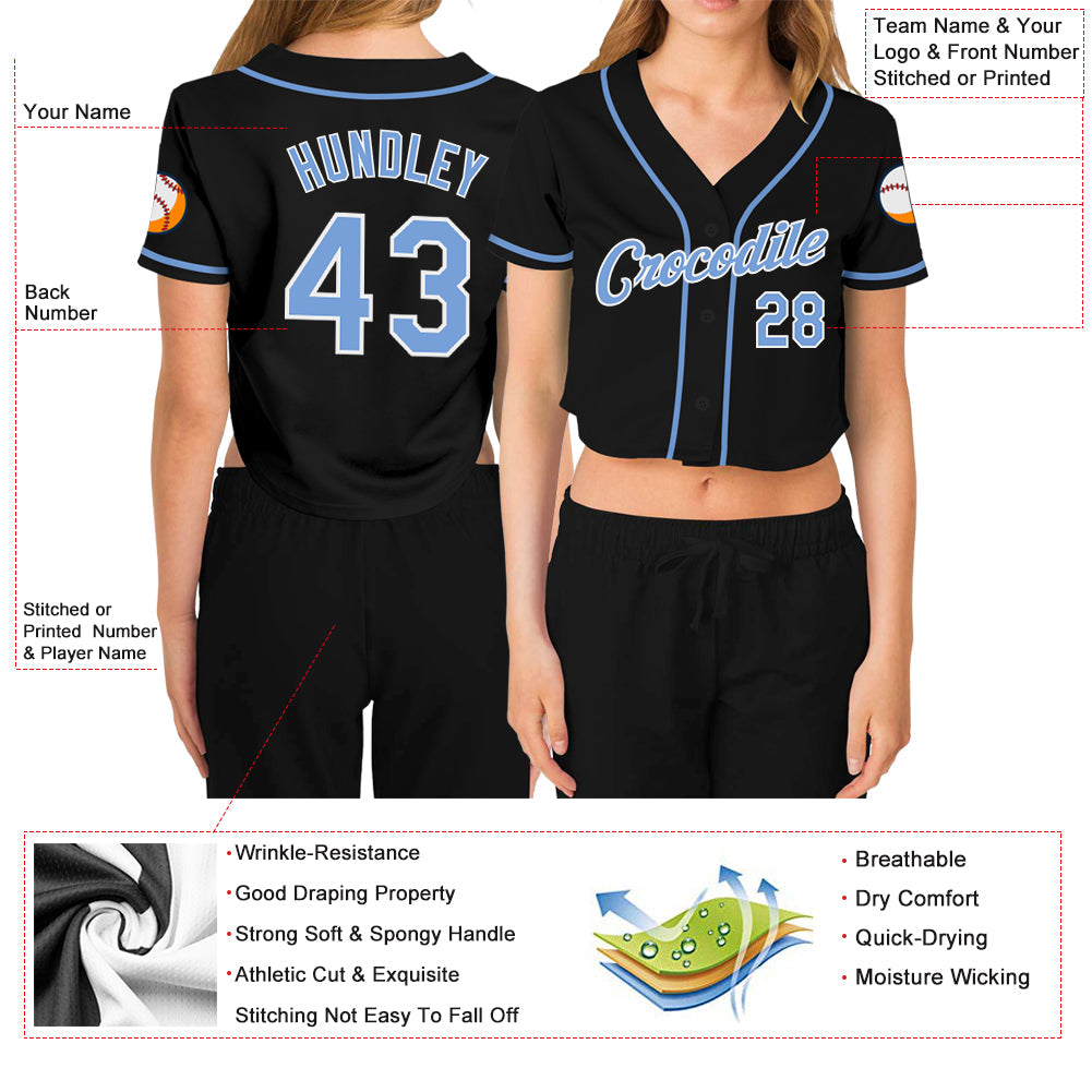 Custom Women's Black Light Blue-White V-Neck Cropped Baseball Jersey - Sky-Custom