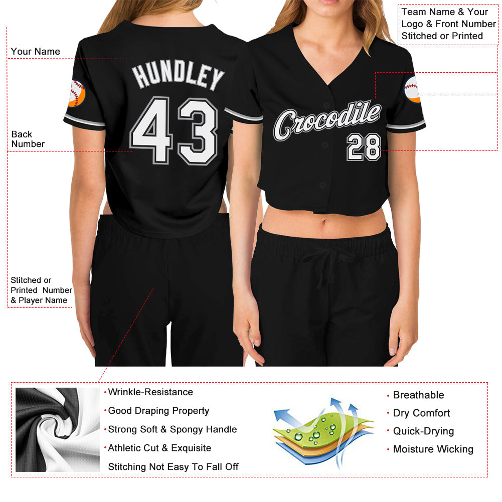 Custom Women's Black White-Gray V-Neck Cropped Baseball Jersey - Sky-Custom
