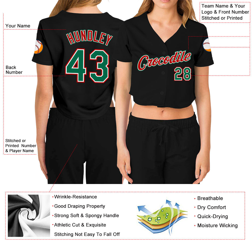 Custom Women's Black Kelly Green Red-White V-Neck Cropped Baseball Jersey - Sky-Custom