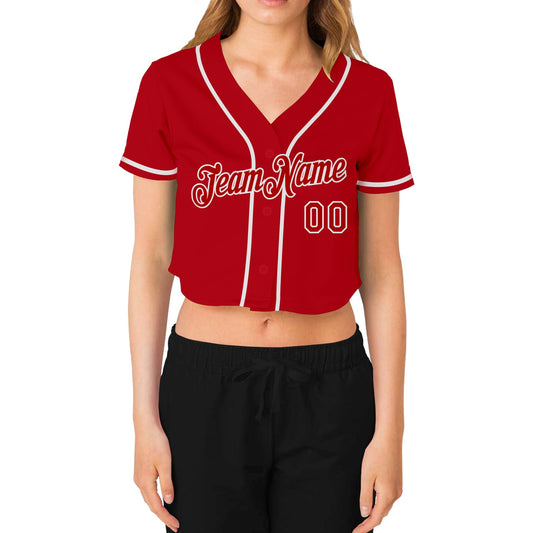 Custom Women's Red Red-White V-Neck Cropped Baseball Jersey - Sky-Custom