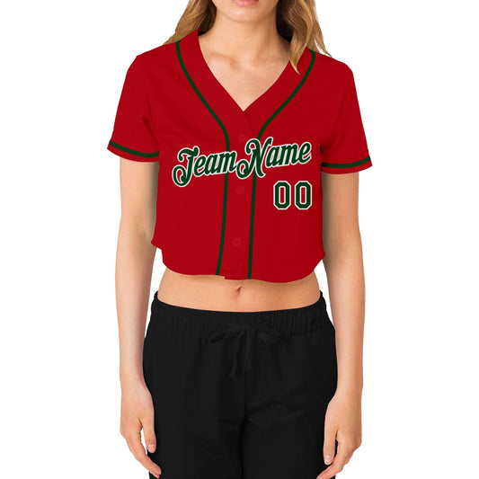 Custom Women's Red Green-White V-Neck Cropped Baseball Jersey - Sky-Custom