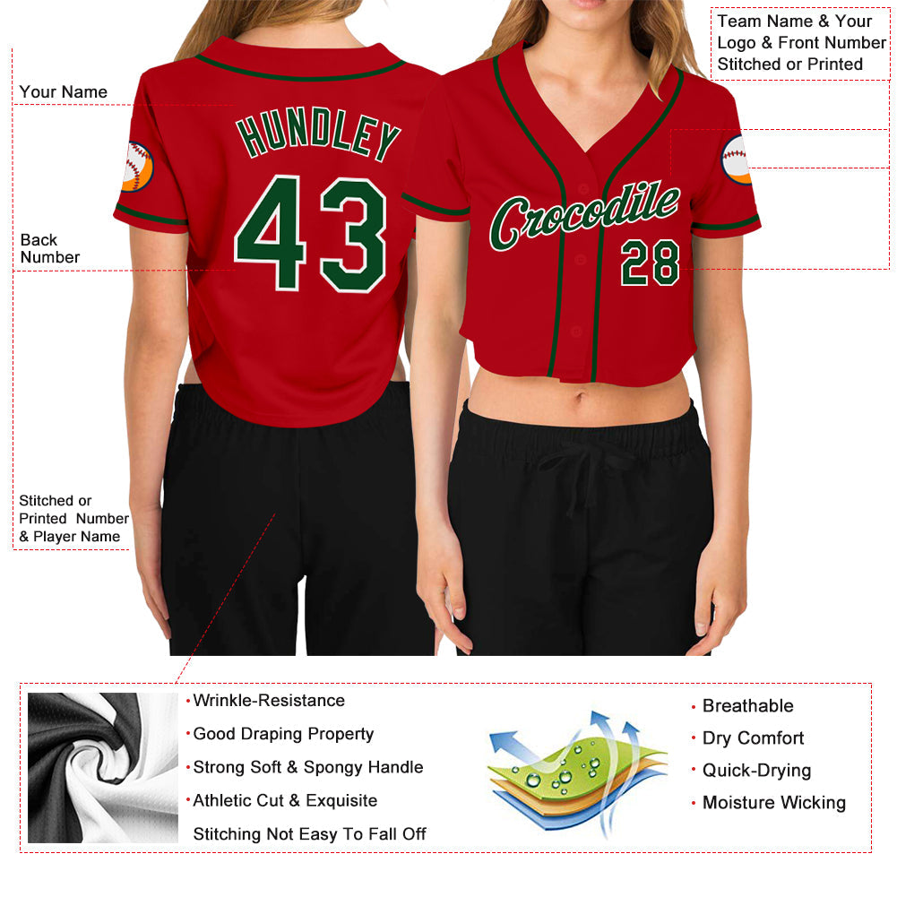 Custom Women's Red Green-White V-Neck Cropped Baseball Jersey - Sky-Custom