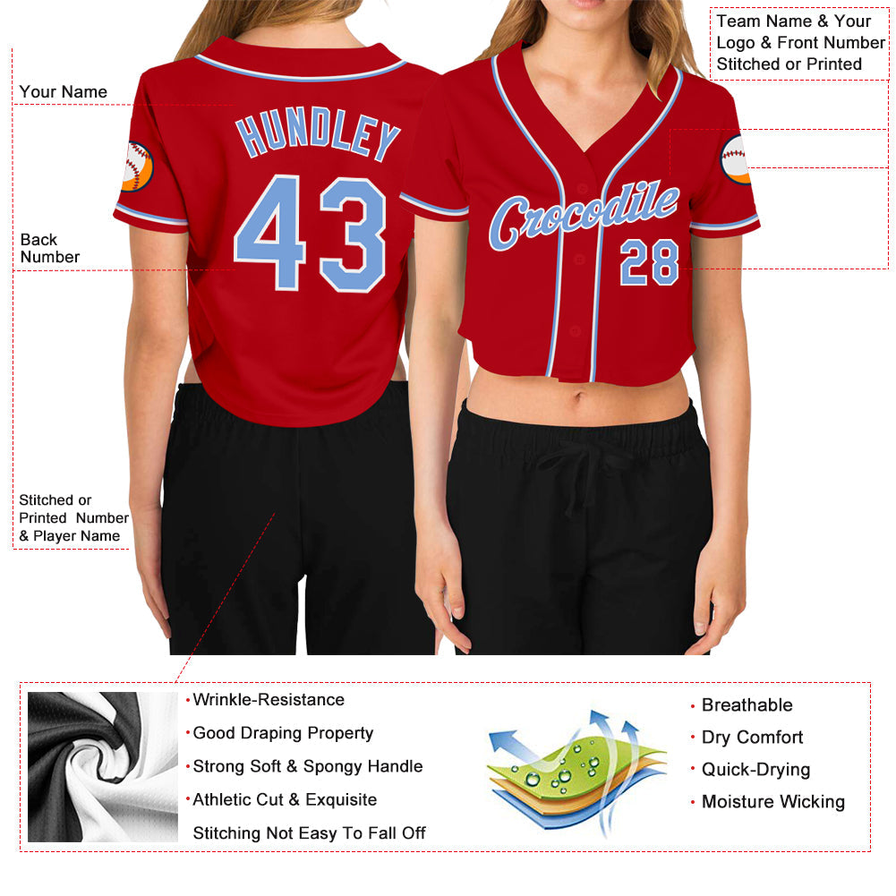 Custom Women's Red Light Blue-White V-Neck Cropped Baseball Jersey - Sky-Custom