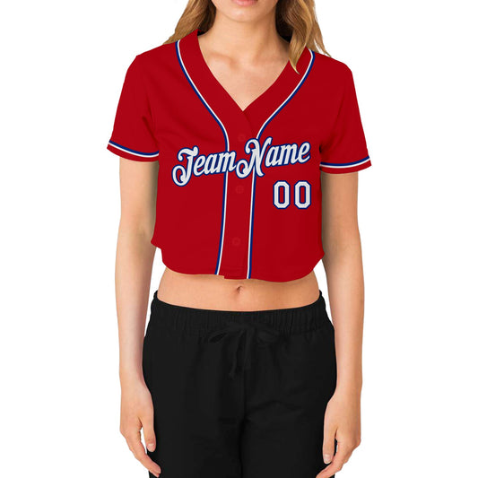Custom Women's Red White-Royal V-Neck Cropped Baseball Jersey - Sky-Custom