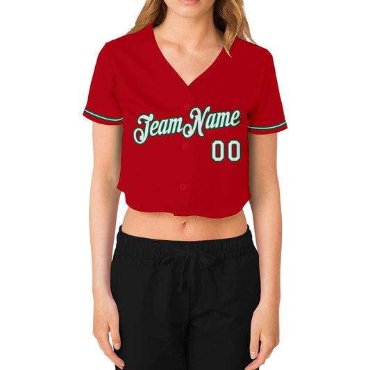 Custom Women's Red White-Kelly Green V-Neck Cropped Baseball Jersey - Sky-Custom