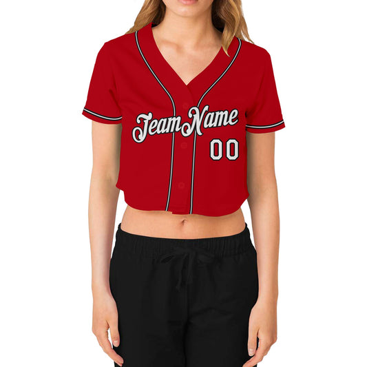 Custom Women's Red White-Black V-Neck Cropped Baseball Jersey - Sky-Custom
