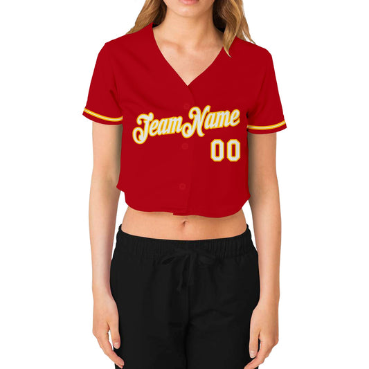 Custom Women's Red White-Gold V-Neck Cropped Baseball Jersey - Sky-Custom