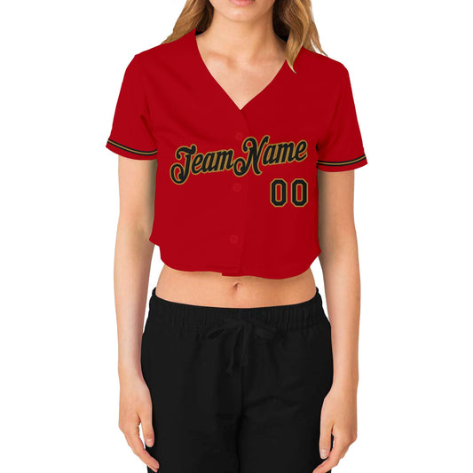 Custom Women's Red Black-Old Gold V-Neck Cropped Baseball Jersey - Sky-Custom