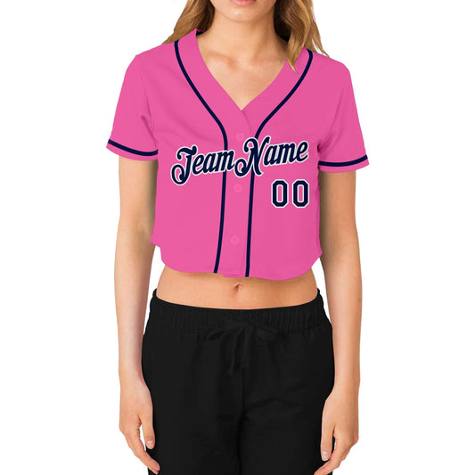 Custom Women's Pink Navy-White V-Neck Cropped Baseball Jersey - Sky-Custom