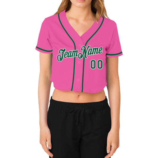 Custom Women's Pink Kelly Green-White V-Neck Cropped Baseball Jersey - Sky-Custom