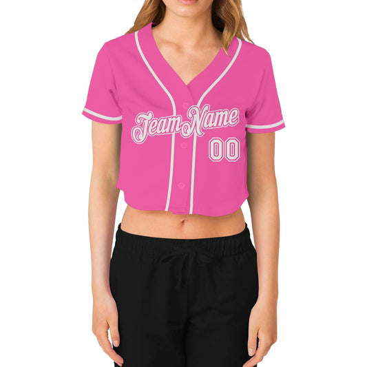Custom Women's Pink White V-Neck Cropped Baseball Jersey - Sky-Custom
