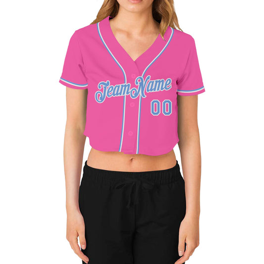 Custom Women's Pink Light Blue-White V-Neck Cropped Baseball Jersey - Sky-Custom