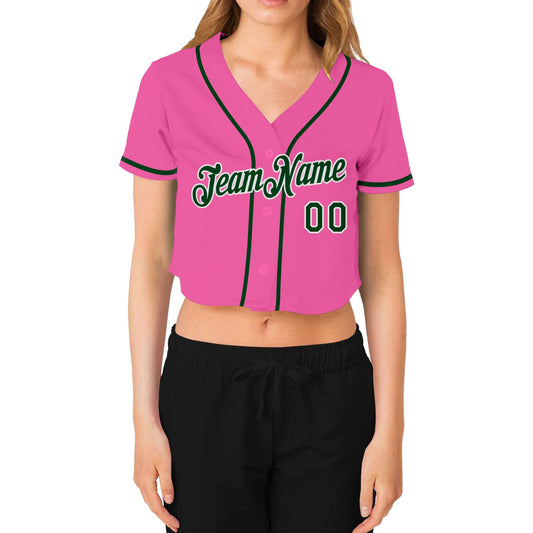 Custom Women's Pink Green-White V-Neck Cropped Baseball Jersey - Sky-Custom