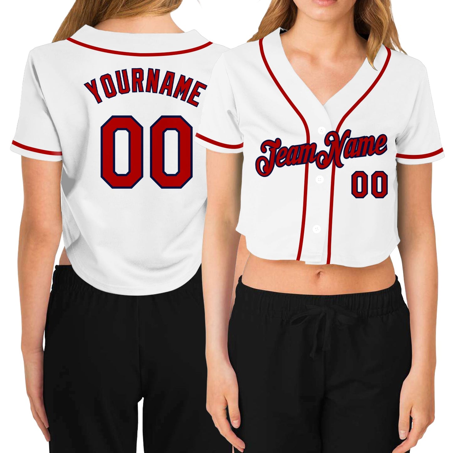 Custom Women's White Red-Navy V-Neck Cropped Baseball Jersey - Sky-Custom