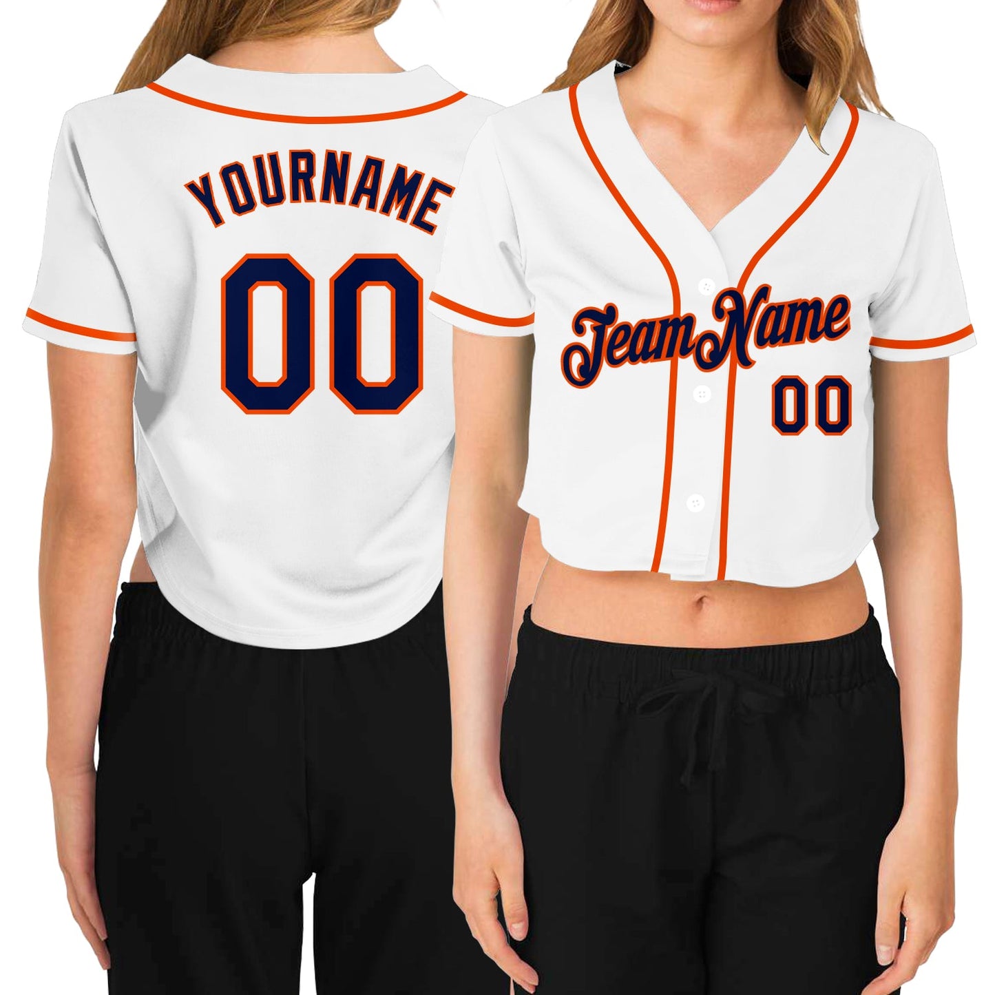 Custom Women's White Navy-Orange V-Neck Cropped Baseball Jersey - Sky-Custom