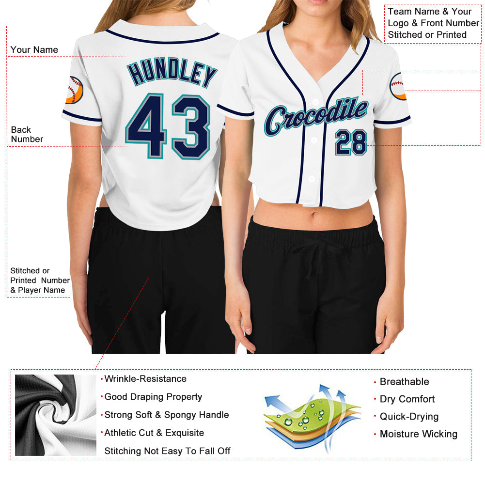 Custom Women's White Navy Gray-Aqua V-Neck Cropped Baseball Jersey - Sky-Custom