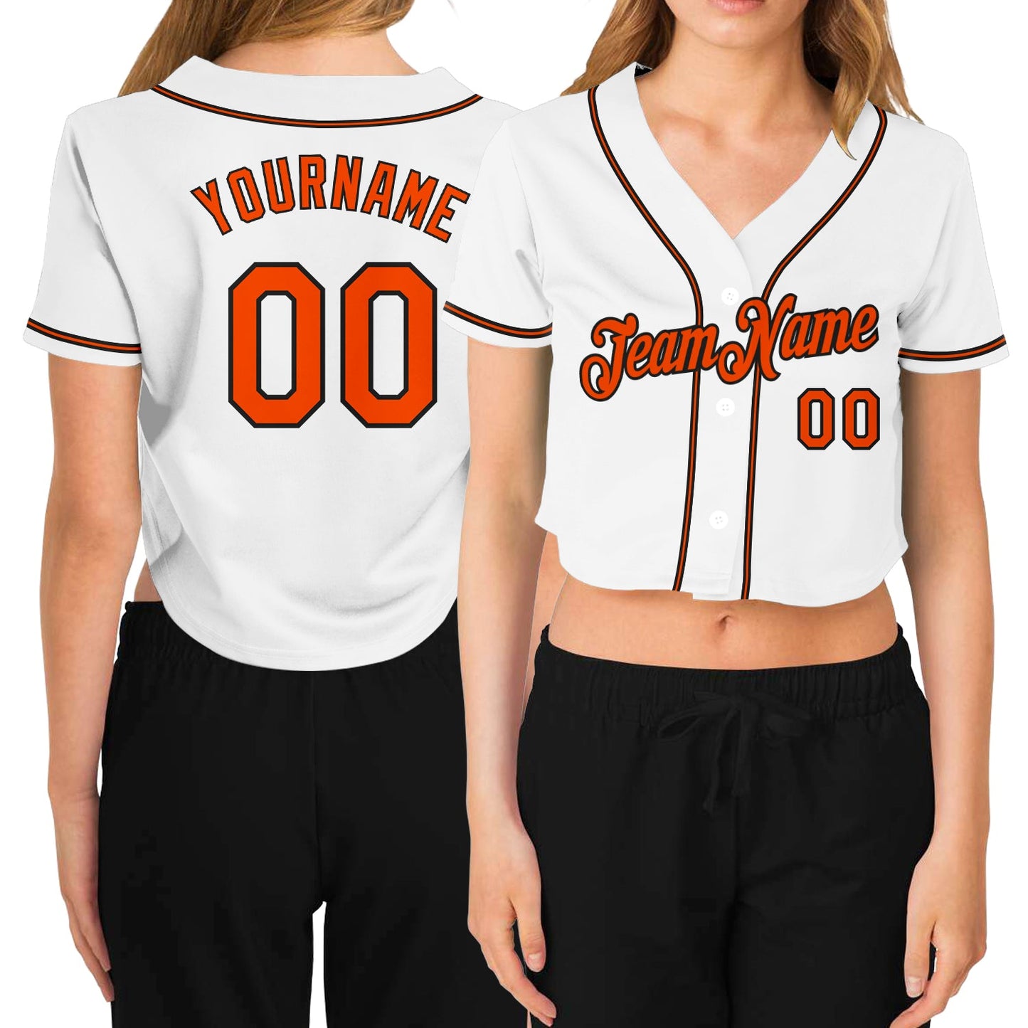 Custom Women's White Orange-Black V-Neck Cropped Baseball Jersey - Sky-Custom