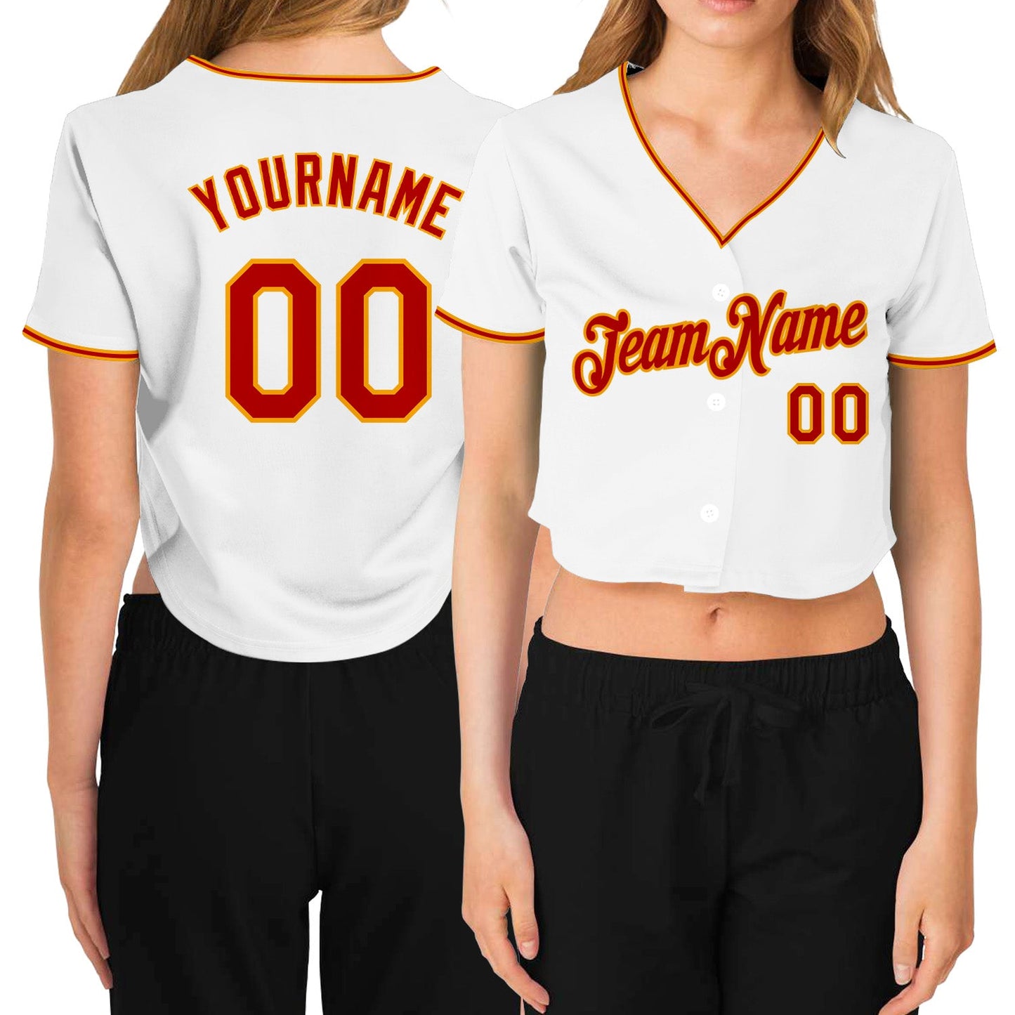 Custom Women's White Red-Gold V-Neck Cropped Baseball Jersey - Sky-Custom