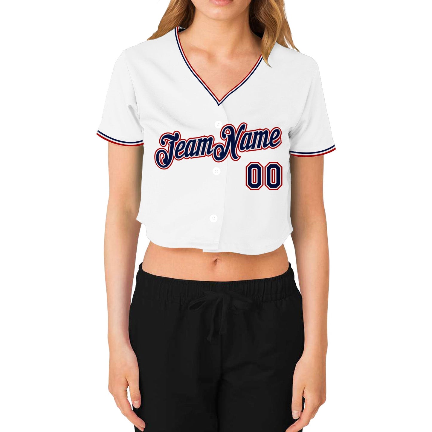 Custom Women's White Navy-Red V-Neck Cropped Baseball Jersey - Sky-Custom