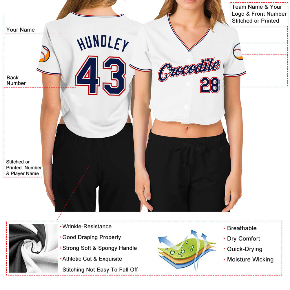 Custom Women's White Navy-Red V-Neck Cropped Baseball Jersey - Sky-Custom