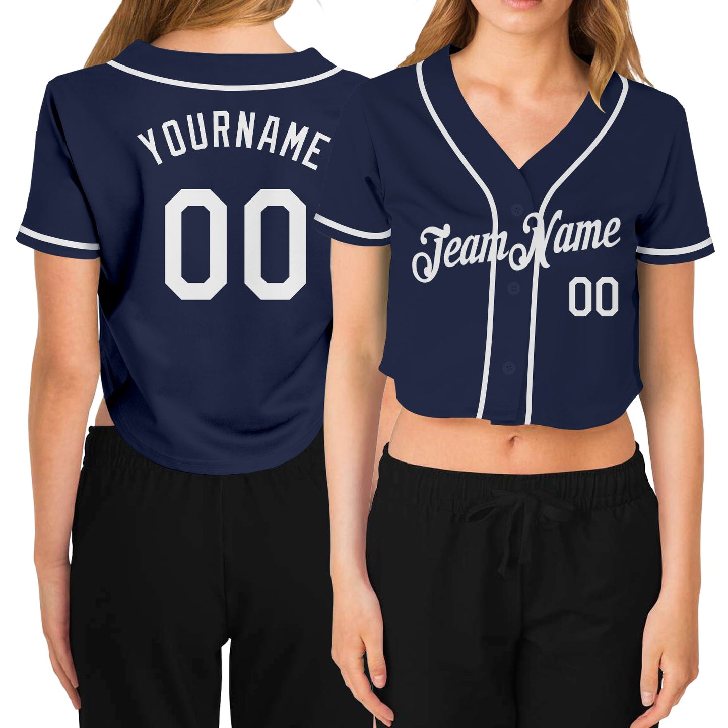 Custom Women's Navy White V-Neck Cropped Baseball Jersey - Sky-Custom