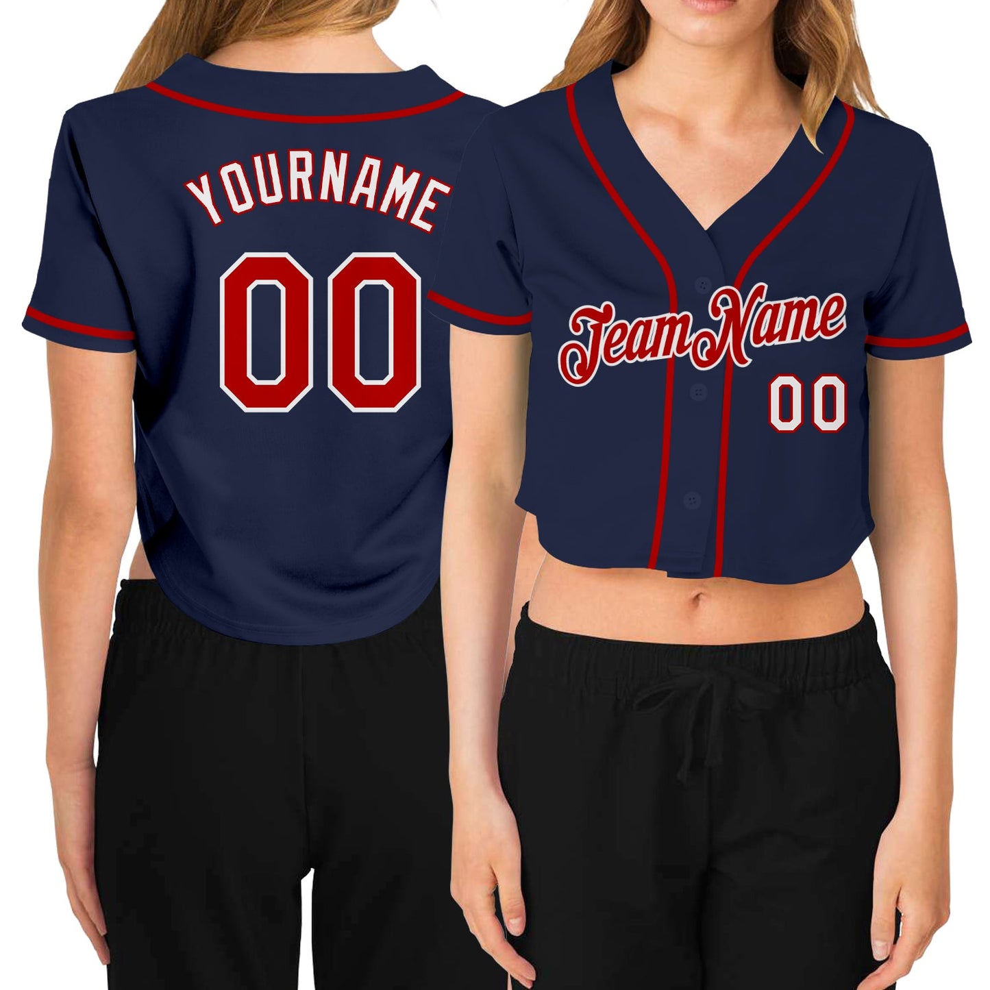 Custom Women's Navy Red-White V-Neck Cropped Baseball Jersey - Sky-Custom