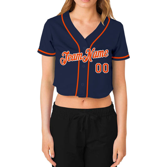 Custom Women's Navy Orange-White V-Neck Cropped Baseball Jersey - Sky-Custom
