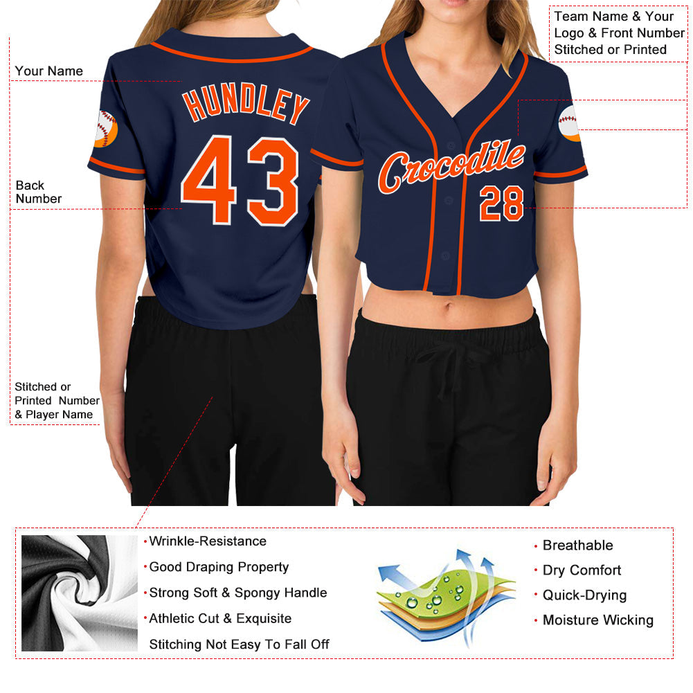 Custom Women's Navy Orange-White V-Neck Cropped Baseball Jersey - Sky-Custom