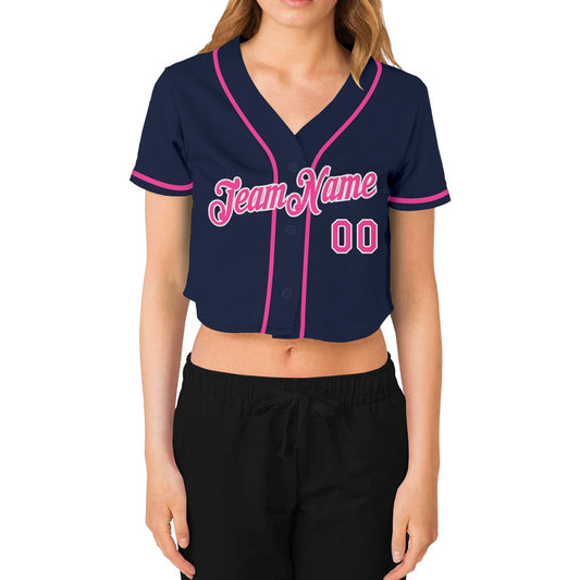 Custom Women's Navy Pink-White V-Neck Cropped Baseball Jersey - Sky-Custom