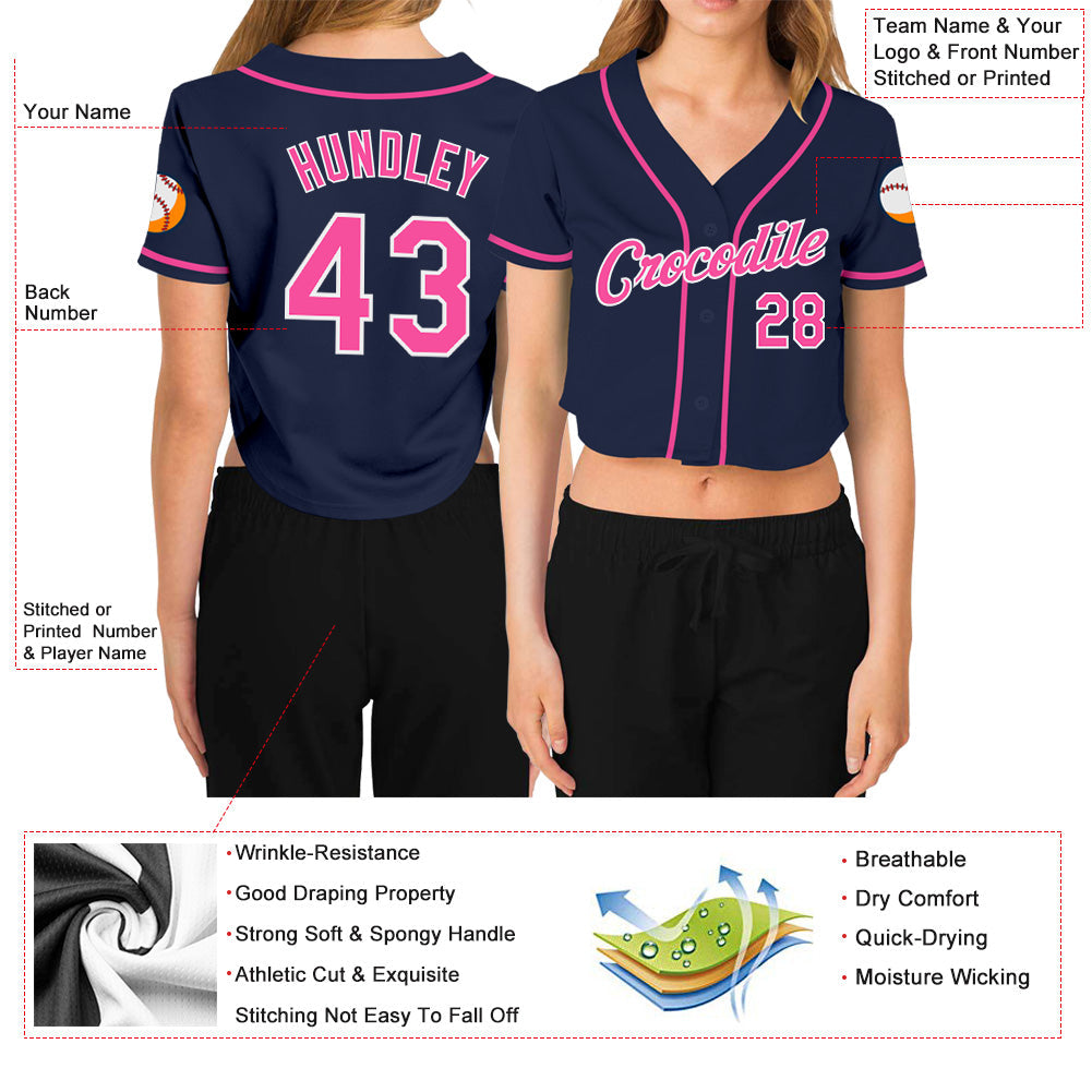 Custom Women's Navy Pink-White V-Neck Cropped Baseball Jersey - Sky-Custom
