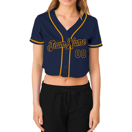 Custom Women's Navy Navy-Gold V-Neck Cropped Baseball Jersey - Sky-Custom
