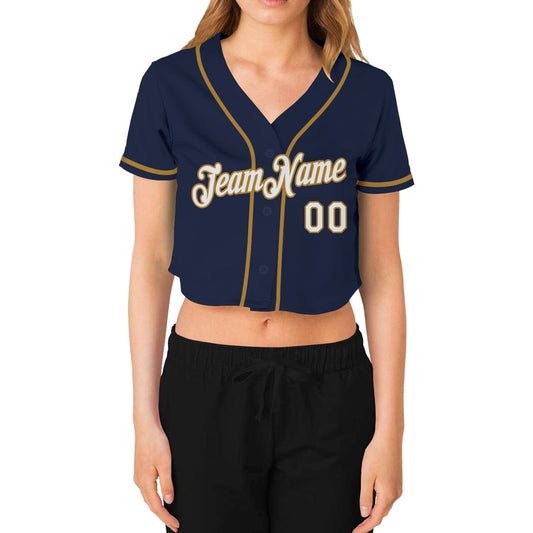 Custom Women's Navy White-Old Gold V-Neck Cropped Baseball Jersey - Sky-Custom