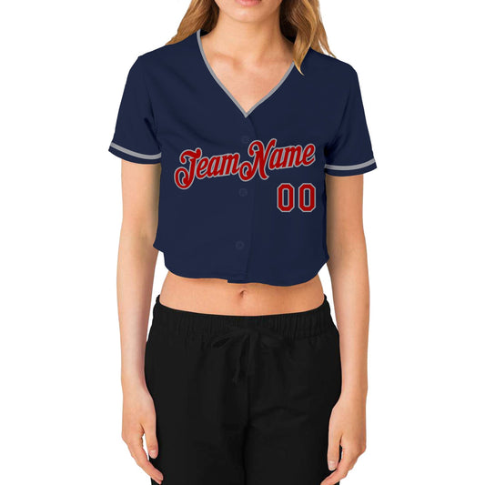 Custom Women's Navy Red-Gray V-Neck Cropped Baseball Jersey - Sky-Custom