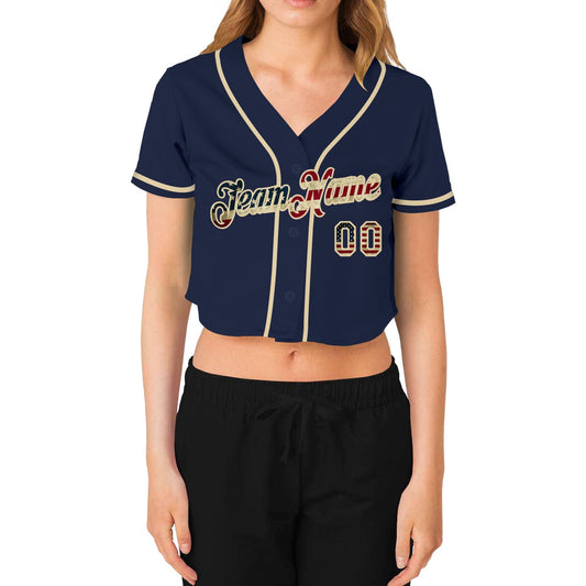 Custom Women's Navy Vintage USA Flag-Cream V-Neck Cropped Baseball Jersey - Sky-Custom