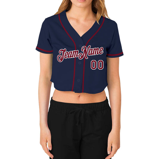 Custom Women's Navy Crimson-White V-Neck Cropped Baseball Jersey - Sky-Custom