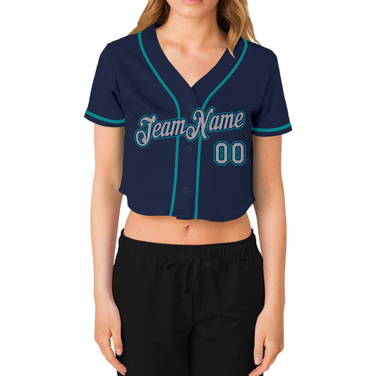 Custom Women's Navy Gray-Aqua V-Neck Cropped Baseball Jersey - Sky-Custom