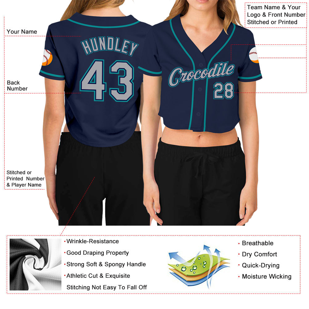 Custom Women's Navy Gray-Aqua V-Neck Cropped Baseball Jersey - Sky-Custom