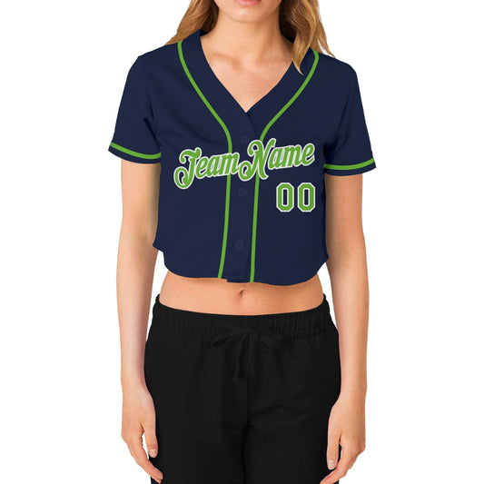 Custom Women's Navy Neon Green-White V-Neck Cropped Baseball Jersey - Sky-Custom
