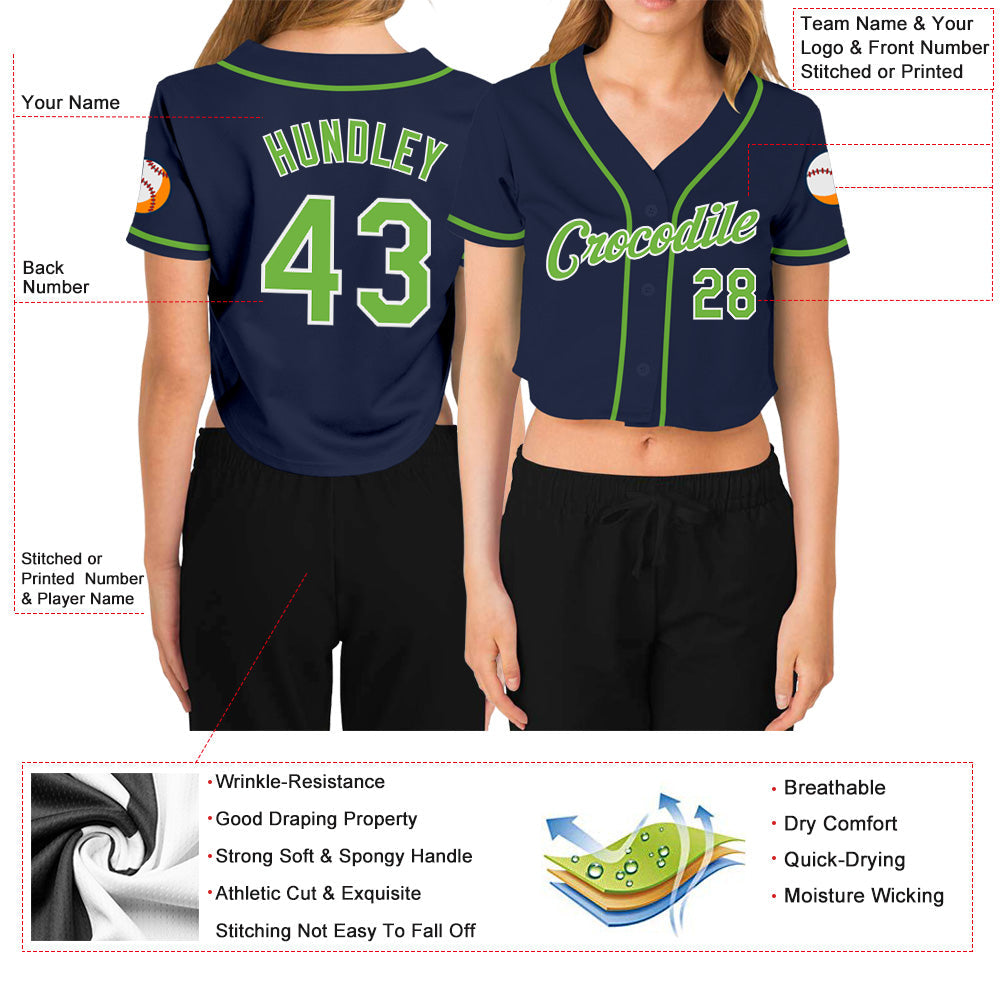 Custom Women's Navy Neon Green-White V-Neck Cropped Baseball Jersey - Sky-Custom