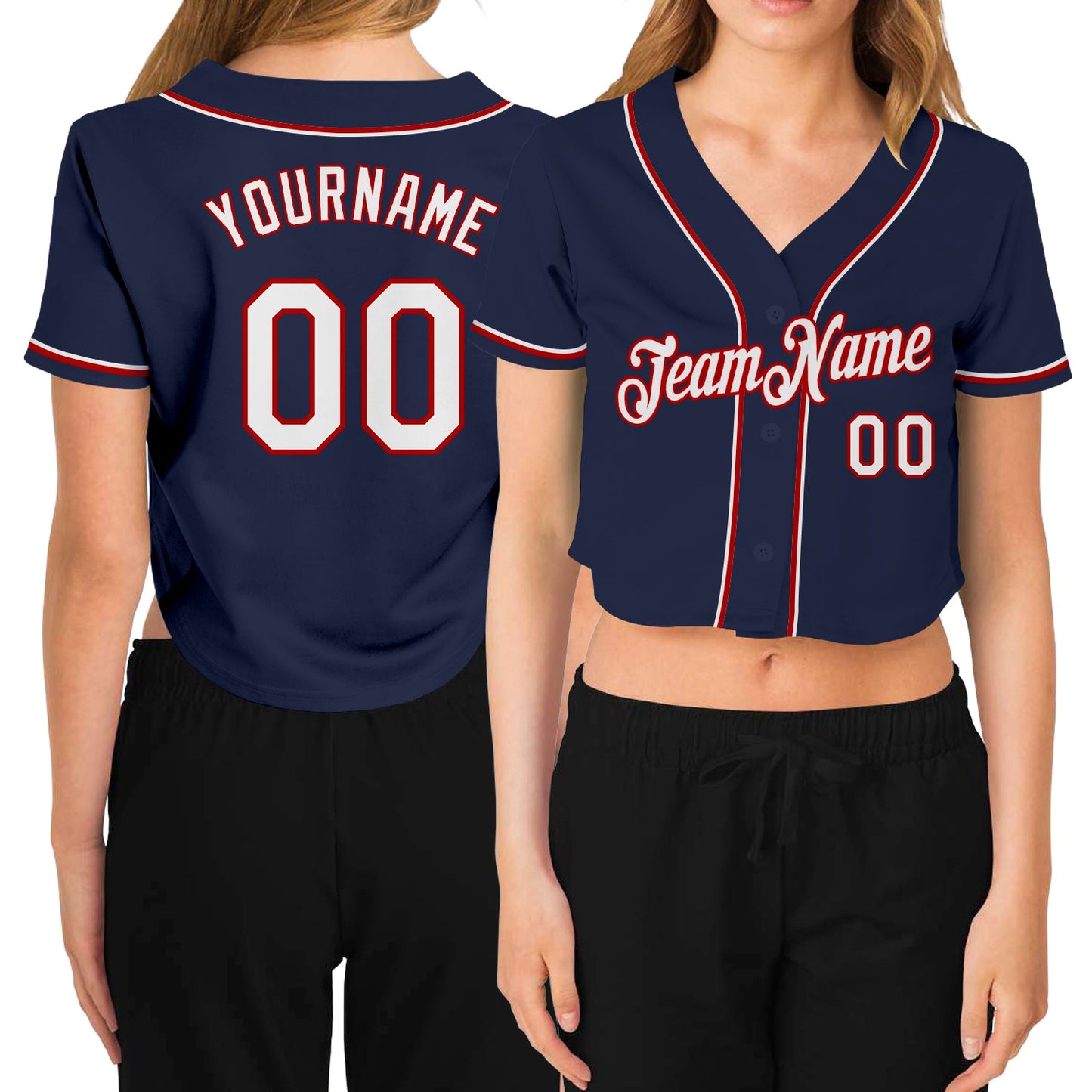 Custom Women's Navy White-Red V-Neck Cropped Baseball Jersey - Sky-Custom