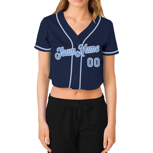 Custom Women's Navy Light Blue-White V-Neck Cropped Baseball Jersey - Sky-Custom