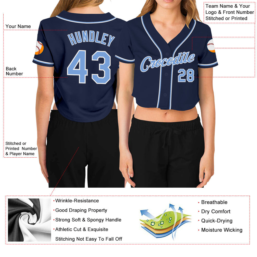 Custom Women's Navy Light Blue-White V-Neck Cropped Baseball Jersey - Sky-Custom