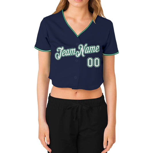 Custom Women's Navy White Kelly Green-Gray V-Neck Cropped Baseball Jersey - Sky-Custom