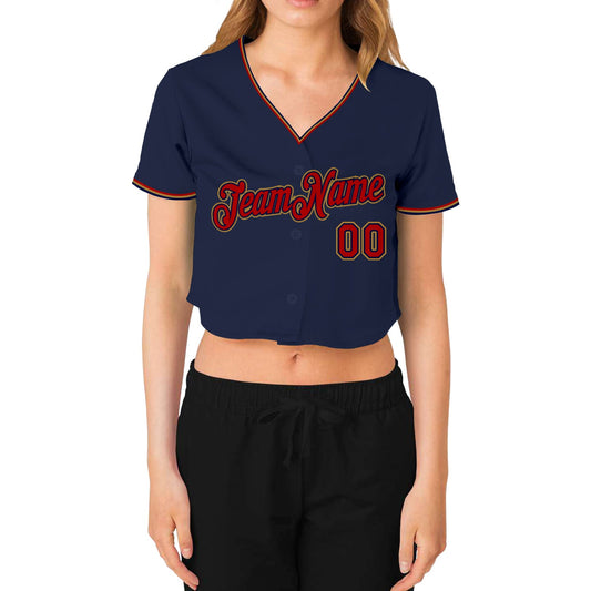 Custom Women's Navy Red-Old Gold V-Neck Cropped Baseball Jersey - Sky-Custom