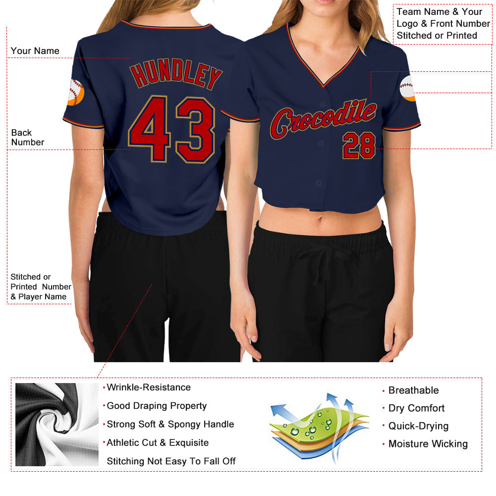 Custom Women's Navy Red-Old Gold V-Neck Cropped Baseball Jersey - Sky-Custom
