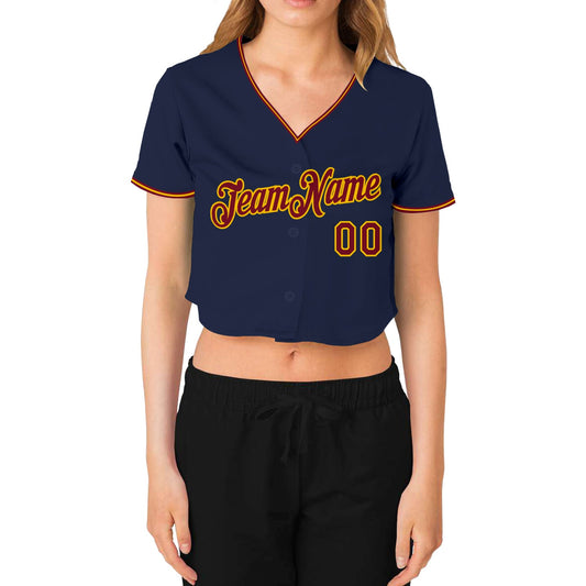 Custom Women's Navy Crimson-Gold V-Neck Cropped Baseball Jersey - Sky-Custom